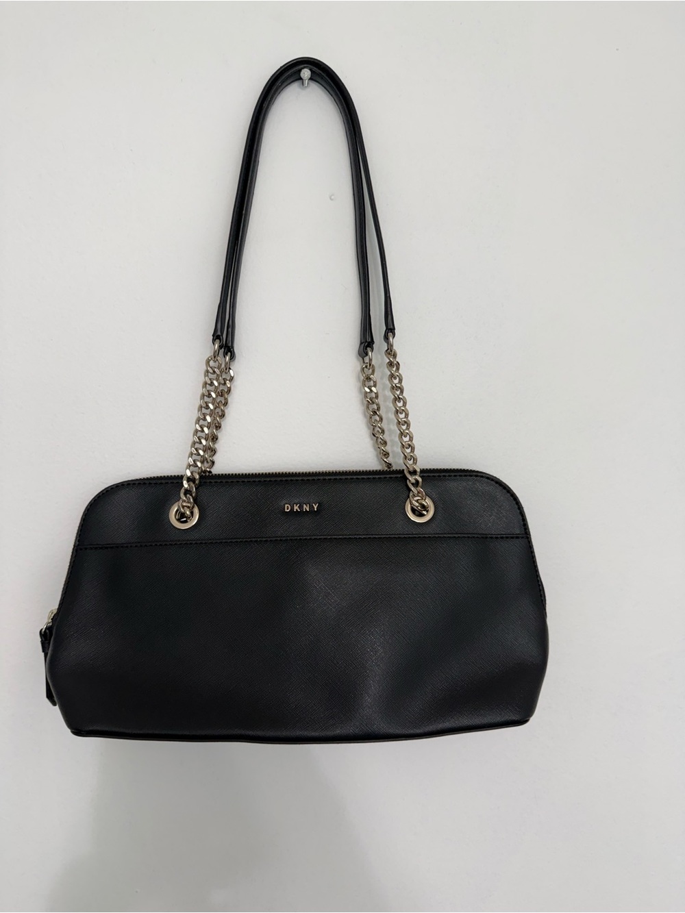 DKNY Black Leather Shoulder Bag with Chain Straps